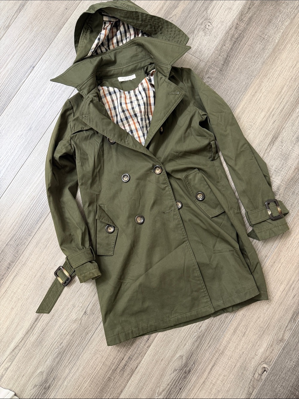 Women's Olive Green Double-Breasted Trench Coat with Hood